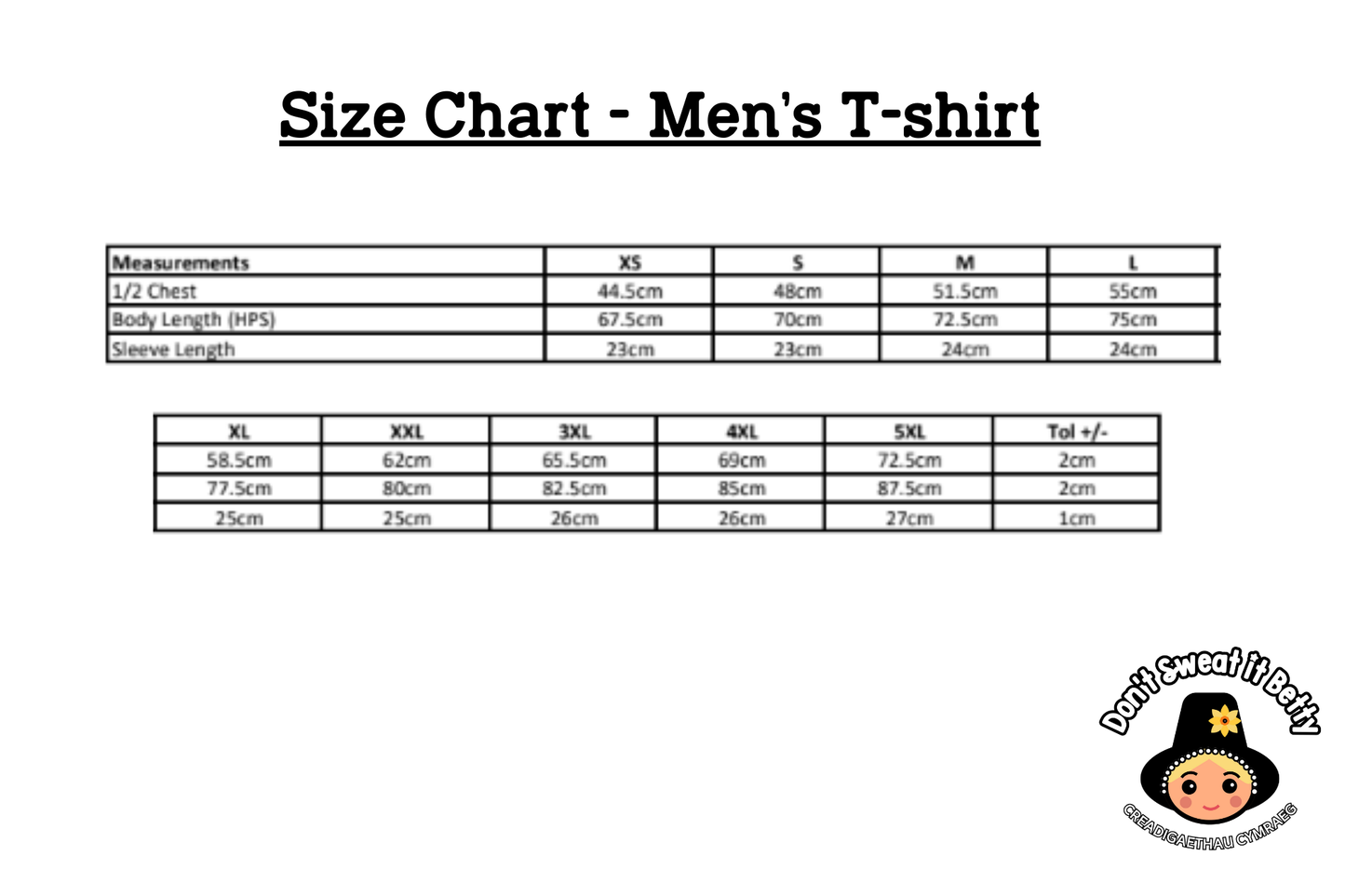 Men's t-shirt size chart with measurements on a white background
