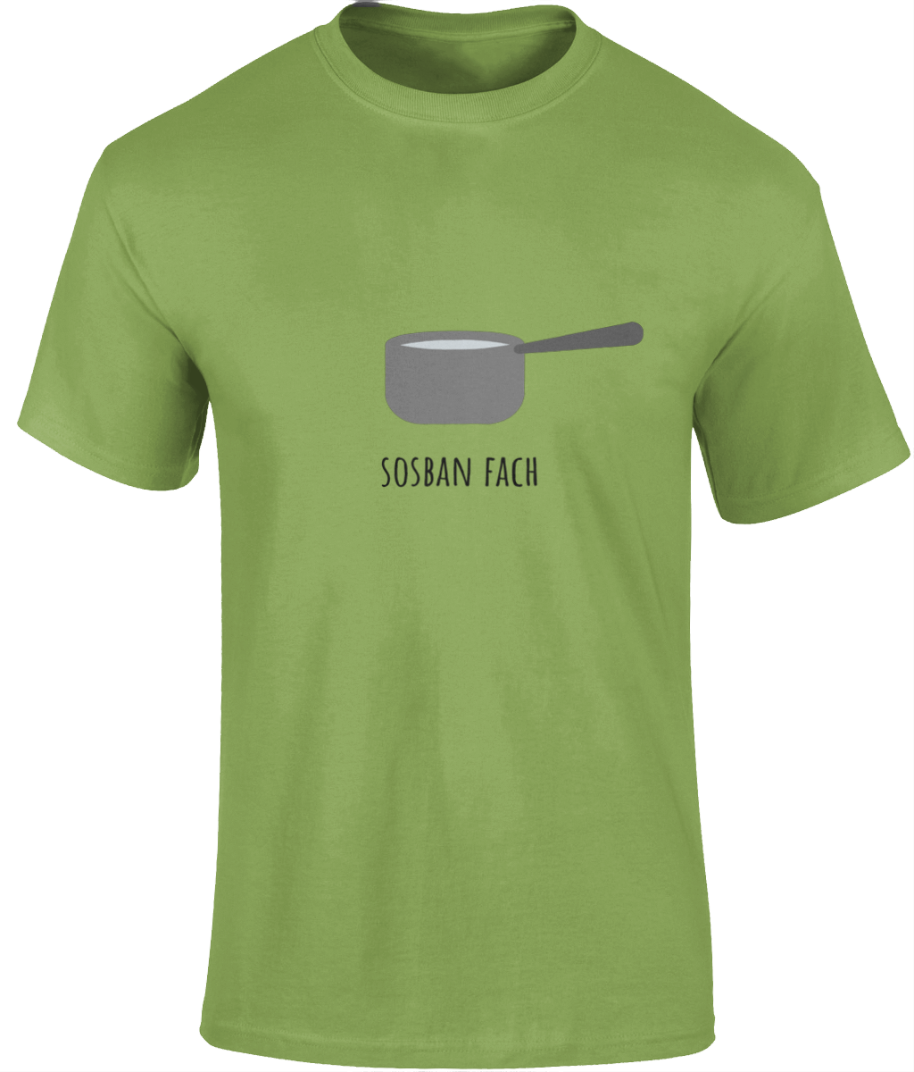 Green men's t-shirt with the emblem from the Welsh folk song 'Sosban Fach' printed on the front.