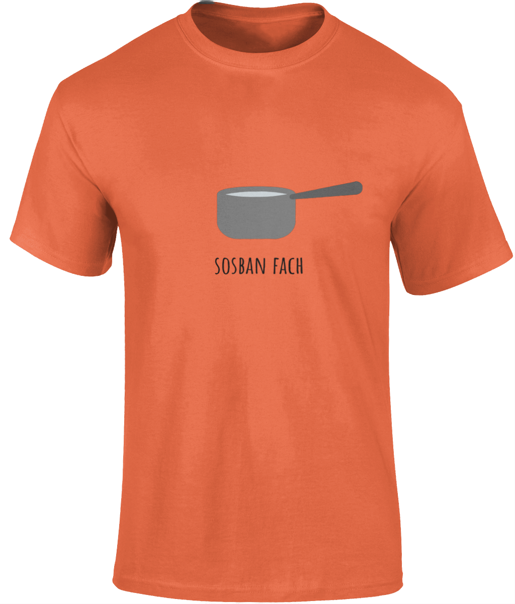 Orange men's t-shirt with the emblem from the Welsh folk song 'Sosban Fach' printed on the front.