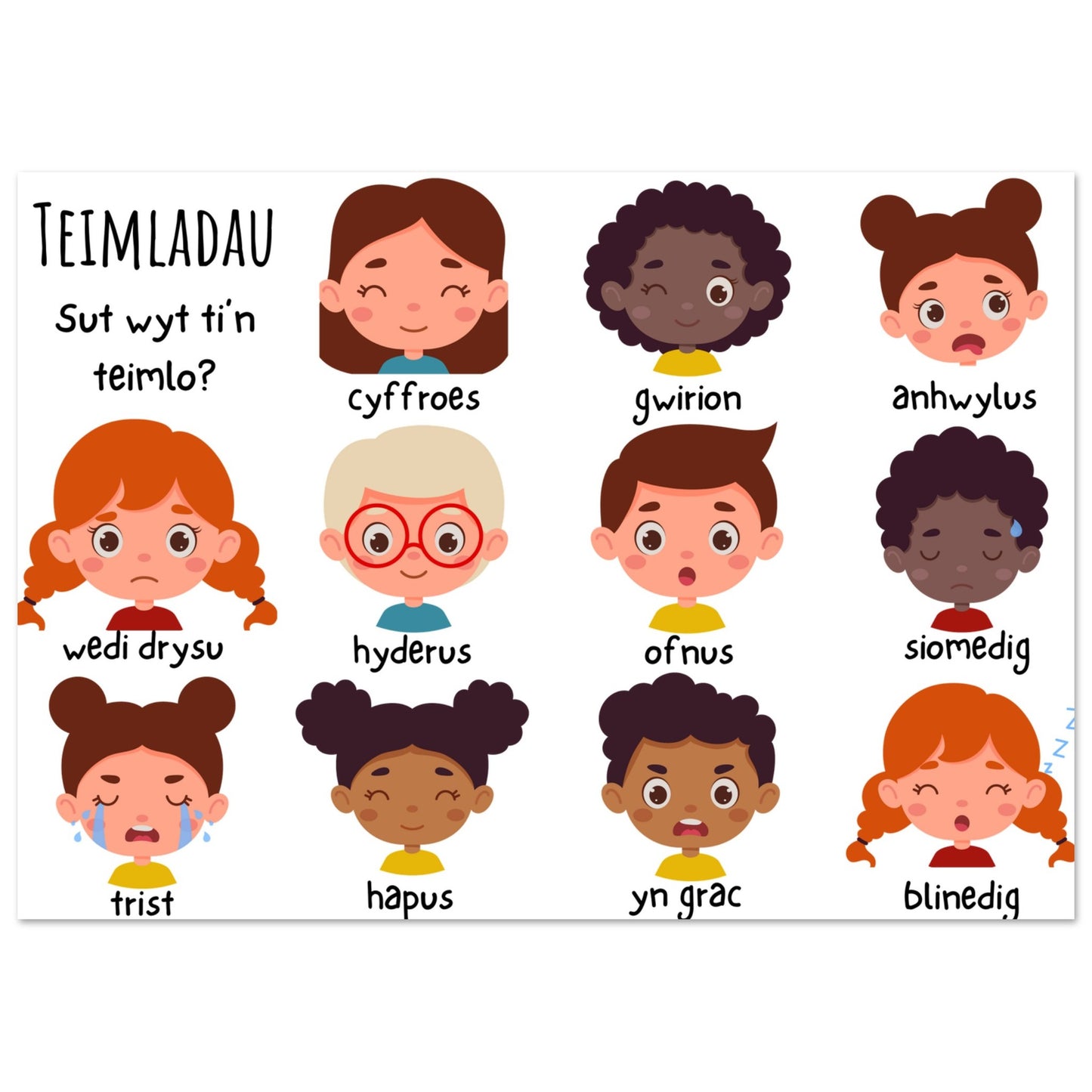 A collection of colorful educational posters featuring cartoon characters expressing various emotions in Welsh, such as 'Teimladau' and 'Hapus'.
