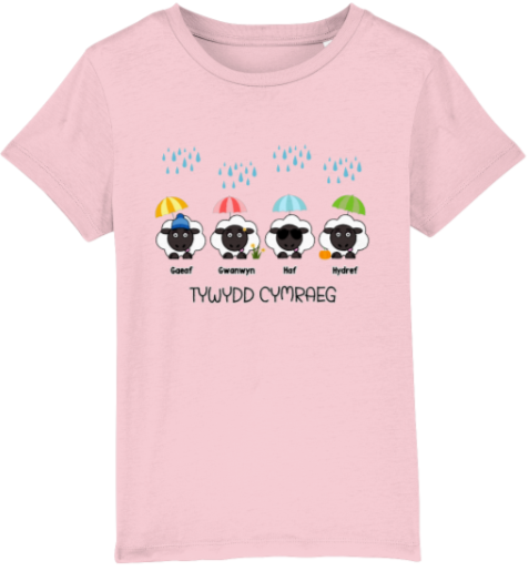 Pink t-shirt with cartoon sheep and rainbow hats on a white background