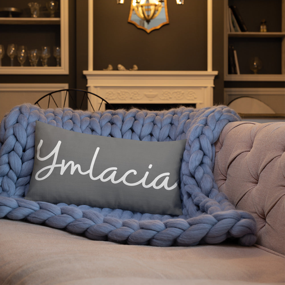A premium pillow with a Welsh themed design, featuring text in Welsh on a sofa in a room with decorative plants and wooden furniture.