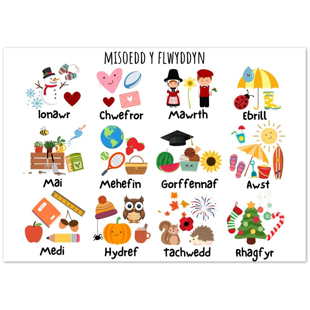 Misoedd Y Flwyddyn Welsh educational Wallart | Welsh Print