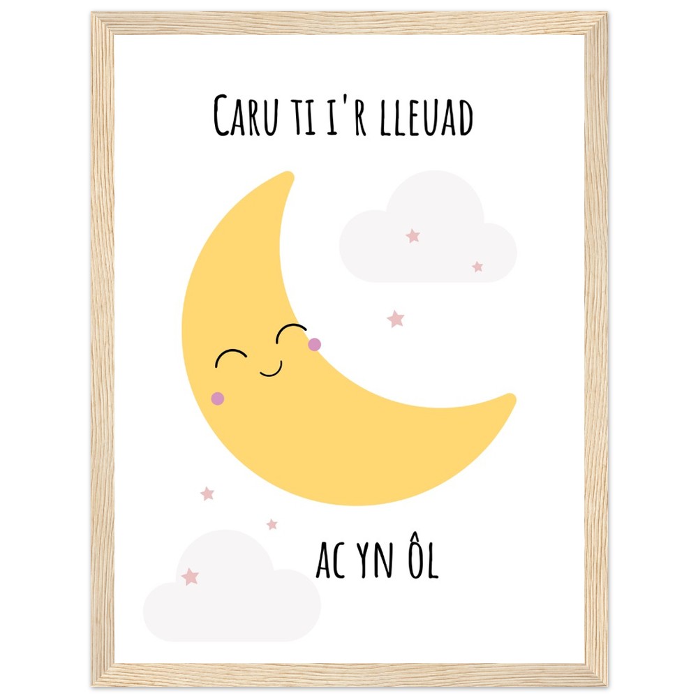 'Caru ti i'r lleuad ac yn ol' Wooden Framed Wallart | Print Cymraeg (Pinc)