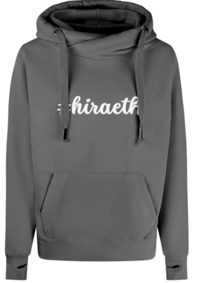 Gray hoodie with 'hiraeth' text on a white background