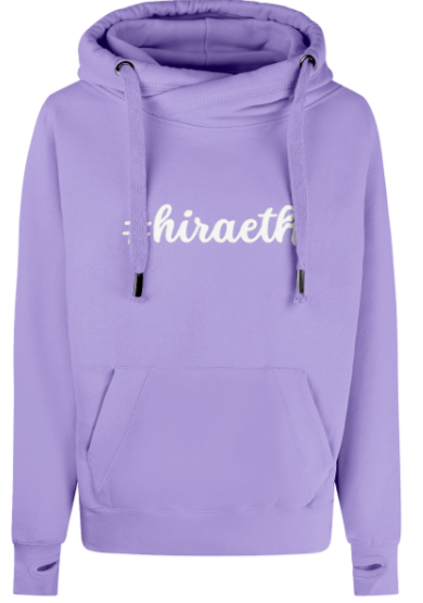 Purple hoodie with 'hiraeth' text on a white background