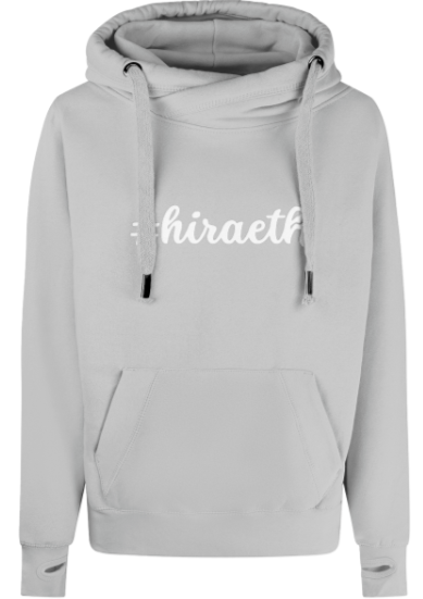 Gray hoodie with 'hiraeth' text on a white background