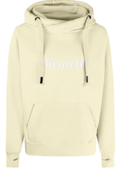 Beige hoodie with 'hiraeth' text on a white background