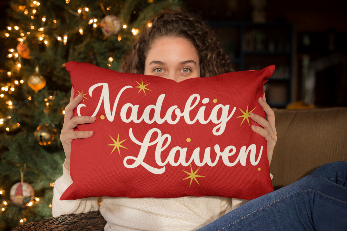 Welsh-Themed Premium Christmas Pillow featuring 'Nadolig Llawen' design.
