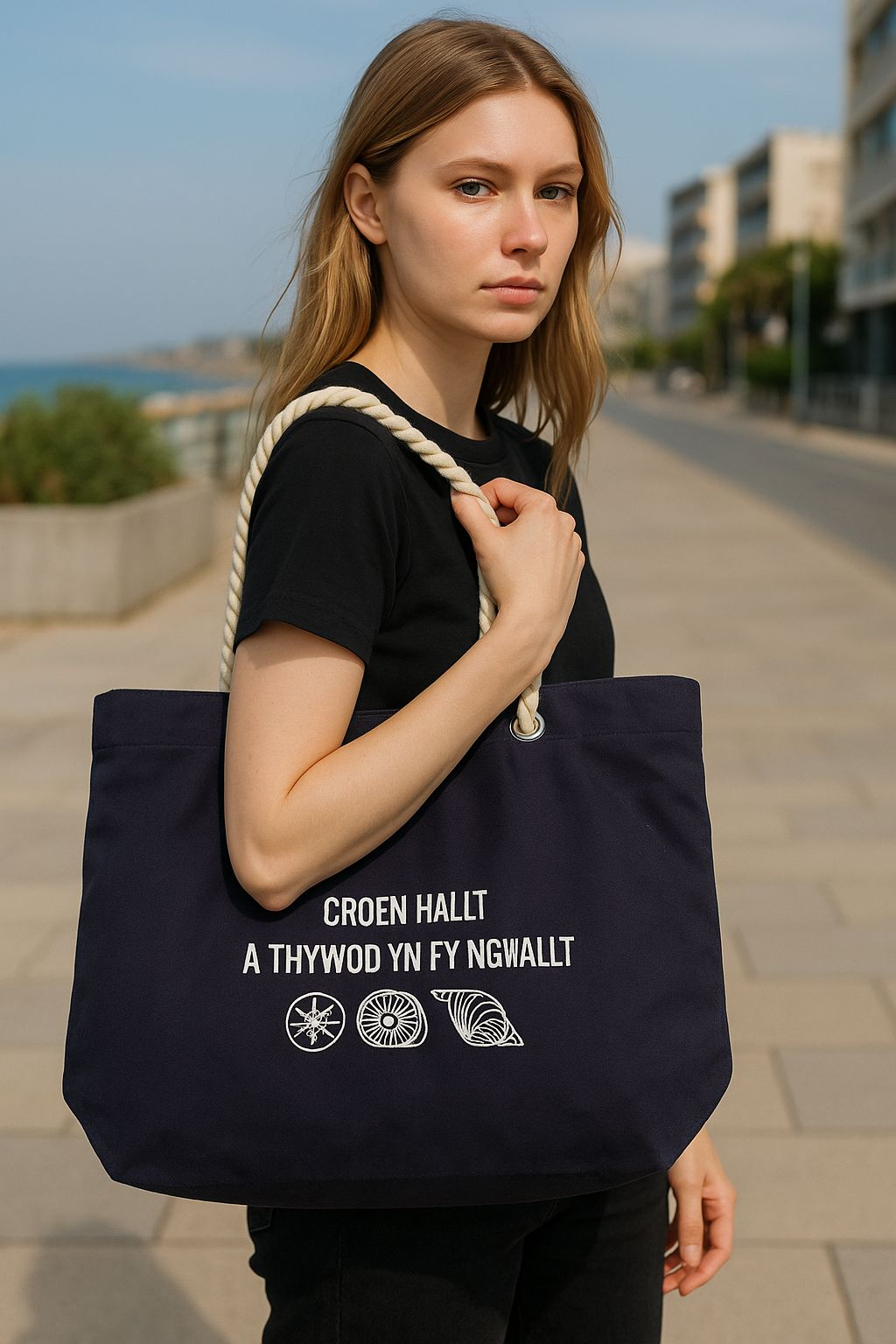 Croen Hallt a Thywod yn fy Ngwallt embroidered beach tote