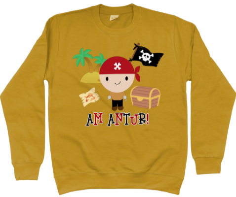 Mustard sweatshirt with a pirate design and the text 'Am Antur!' on it.