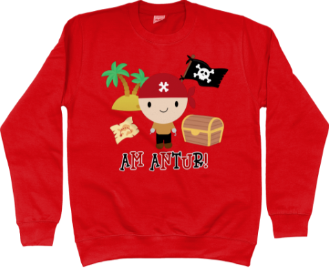 Red sweatshirt with a pirate design and the text 'Am Antur!' on it.