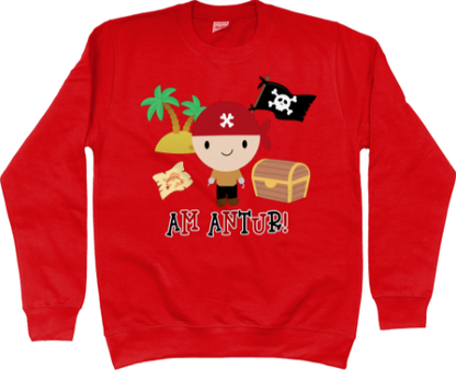 Red sweatshirt with a pirate design and the text 'Am Antur!' on it.