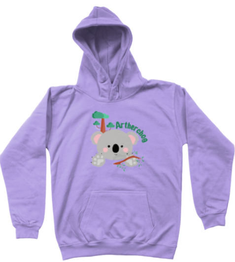 Purple hoodie with a koala design and text on a white background
