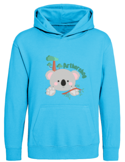 Blue hoodie with a koala design on a white background