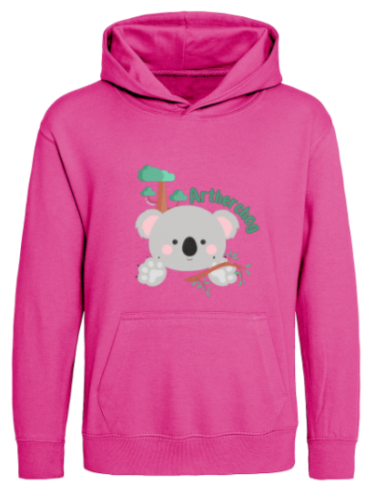 Pink hoodie with a koala design and text on a white background