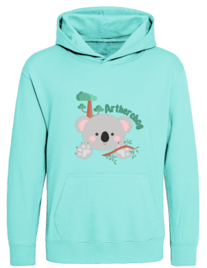 Mint green hoodie with a koala design and text on a white background