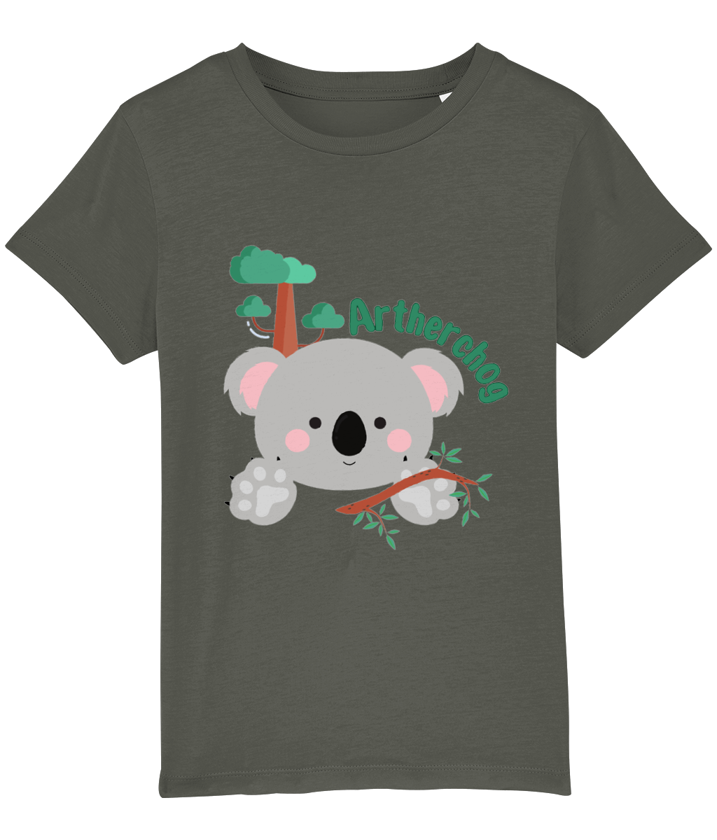 Children's t-shirt with a graphic of a koala bear and the text 'Artherchog'. The t-shirt is gray, and the graphic includes a small green tree.