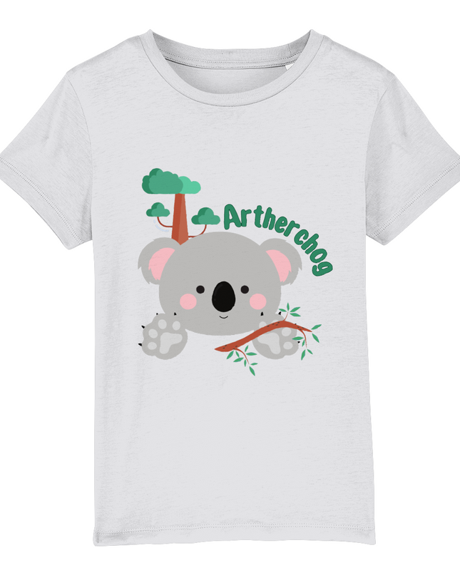 Children's t-shirt with a graphic of a koala bear and the text 'Artherchog'. The t-shirt is lavender, and the graphic includes a small green tree.
