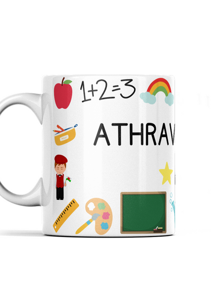 A white ceramic mug with a wraparound design featuring Welsh text 'Athro orau'r byd' which translates to 'Best teacher in the world'. The mug includes colorful decorative elements such as apples, a paintbrush, and a chalkboard.