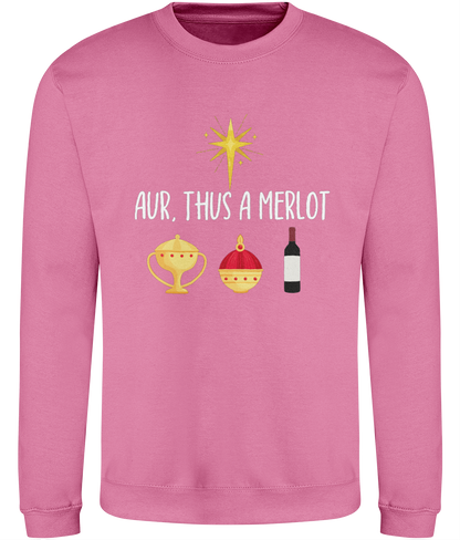 Christmas sweatshirt with the text 'Aur, Thus a Merlot' 