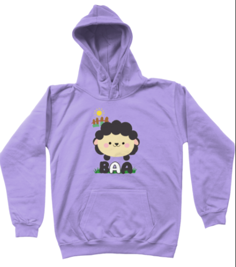 Purple hoodie with a cartoon character and text on a white background