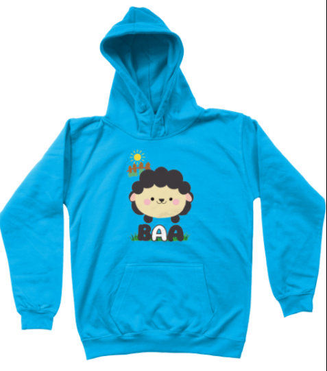 Blue hoodie with a cartoon character on a white background