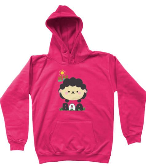 Pink hoodie with a cartoon sheep character on a white background