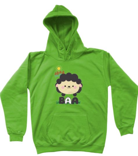 Green hoodie with a cartoon sheep design on a white background