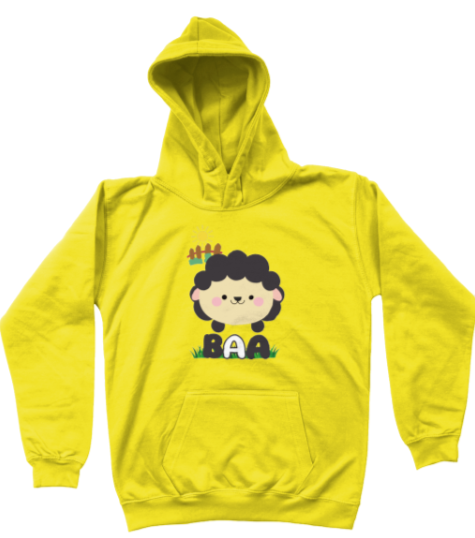Yellow hoodie with a cartoon character and text on a white background