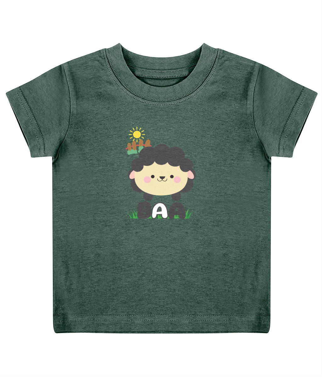 A child's T-shirt with a cartoon sheep design and Welsh text.