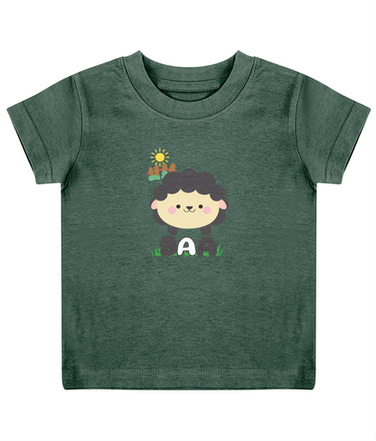 A child's T-shirt with a cartoon sheep design and Welsh text.