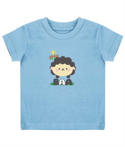 A child's T-shirt with a cartoon sheep design and Welsh text.