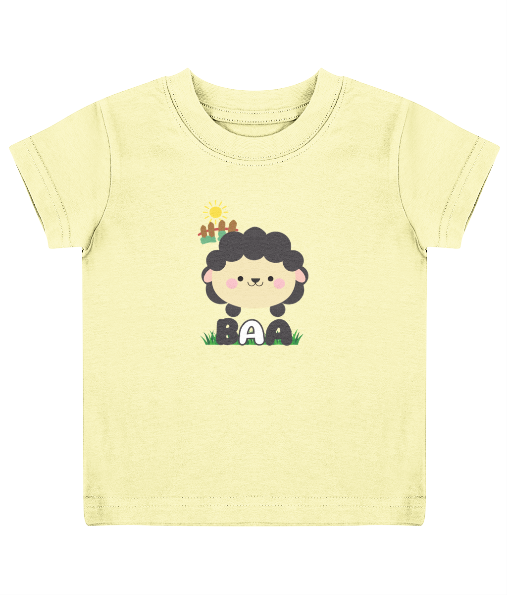 A child's T-shirt with a cartoon sheep design and Welsh text.