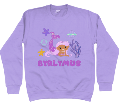 Purple sweatshirt with the text 'BYRLYMUS' and a mermaid graphic.