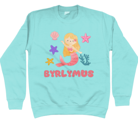 Peppermint sweatshirt with the text 'BYRLYMUS' and a mermaid graphic.