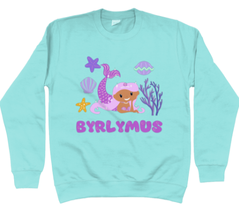 Peppermint sweatshirt with the text 'BYRLYMUS' and a mermaid graphic.