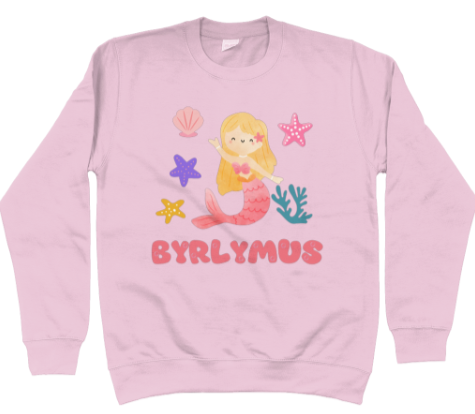 Pink sweatshirt with the text 'BYRLYMUS' and a mermaid graphic.