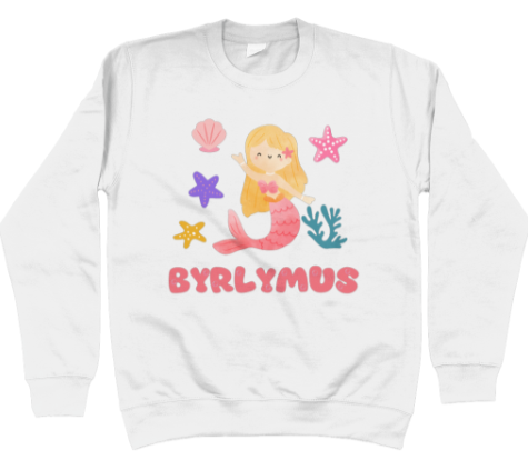 White sweatshirt with the text 'BYRLYMUS' and a mermaid graphic.