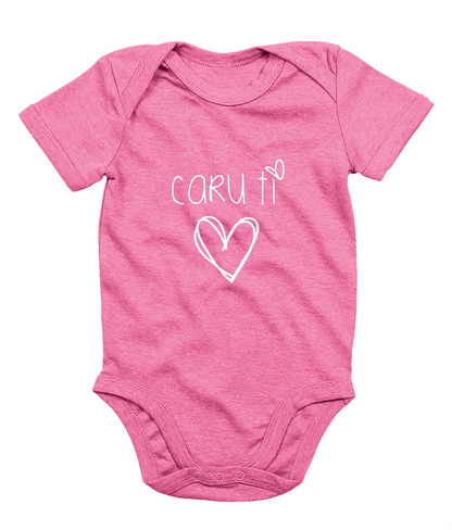 A blue babygrow with the phrase 'CARU TI' printed in white, resembling a simple heart design.