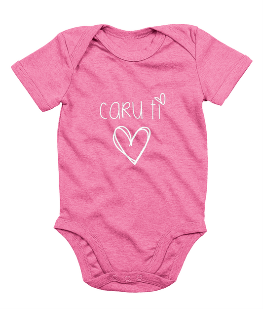 A blue babygrow with the phrase 'CARU TI' printed in white, resembling a simple heart design.