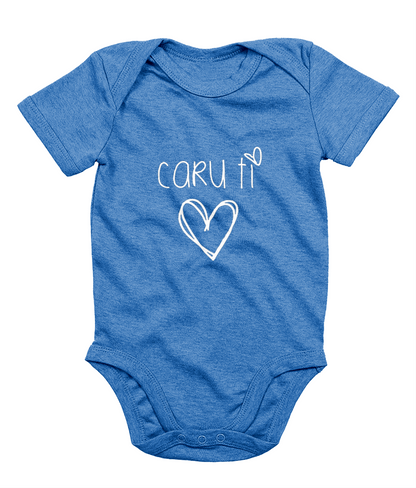 A blue babygrow with the phrase 'CARU TI' printed in white, resembling a simple heart design.