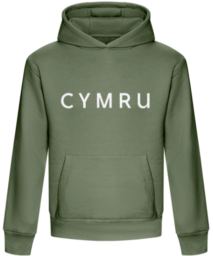 A green hoodie with 'CYMRU' embroidered in white on the front.
