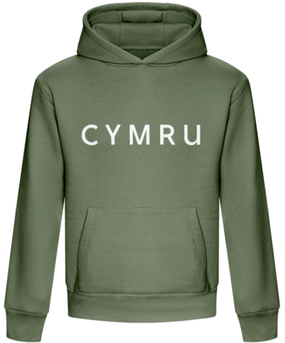 A green hoodie with 'CYMRU' embroidered in white on the front.