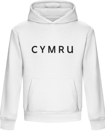 A white hoodie with 'CYMRU' embroidered in black on the front.