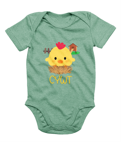A green babygrow with a illustration of a baby chick and the text 'CYWT' on the front.