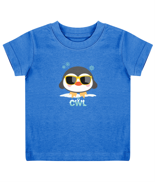 Cŵl Penguin Welsh Child's T-Shirt in Royal Blue featuring a penguin design and 'Cŵl' text