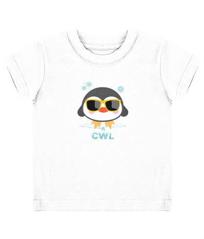 A white child's T-shirt with a graphic of a penguin wearing sunglasses and the text 'Cŵl'.