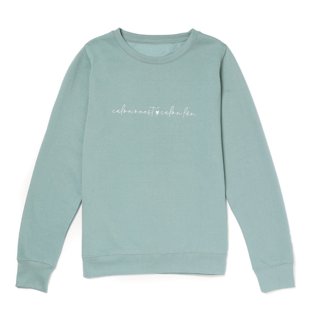 Light green sweatshirt with text on a white background