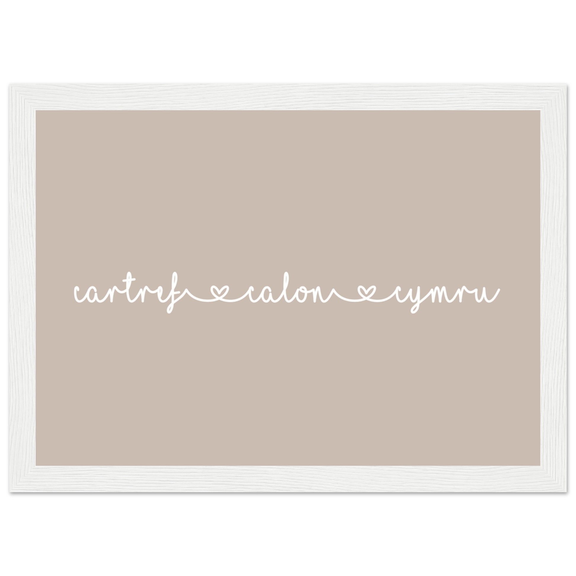 A framed wall art print with Welsh typography, featuring the words 'cartref', 'calon', and 'cymru' in a white frame.